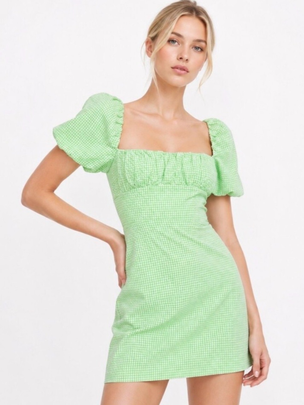Zara Light Green Gingham Square-Neck Puff Sleeve Mini Dress with strappy back